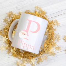Load image into Gallery viewer, Alphabet Christmas Mug - Pink Santa Face Pink Letter