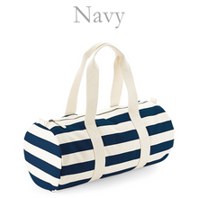 Load image into Gallery viewer, Barrel Bag Navy Stripe Name &amp; Picture
