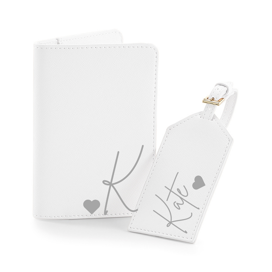 Passport and Luggage Tag Set Initial & Name - White