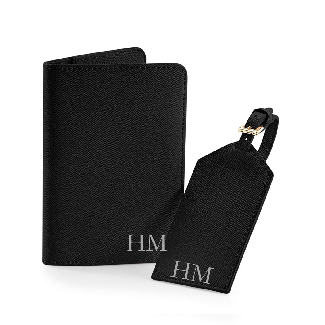 Passport and Luggage Tag Set Initials - Black